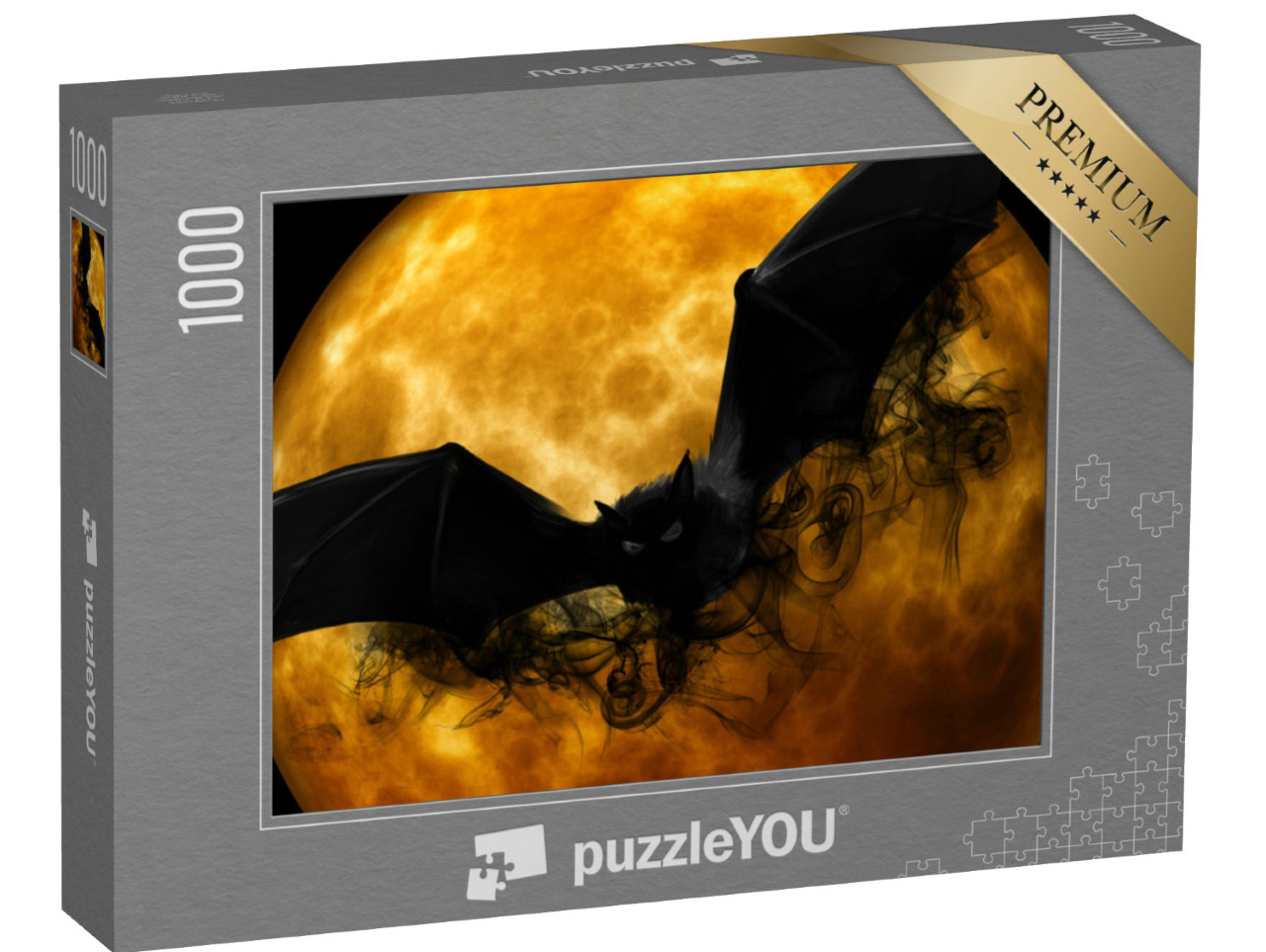Puzzle 1000 Teile „Fledermaus vor einem orangefarbenen Mond“