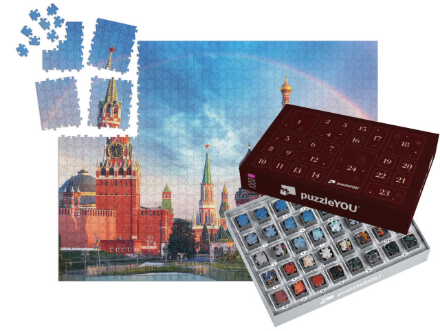 Puzzle-Adventskalender „Panoramablick auf den Roten Platz mit Moskauer Kreml und Regenbogen“