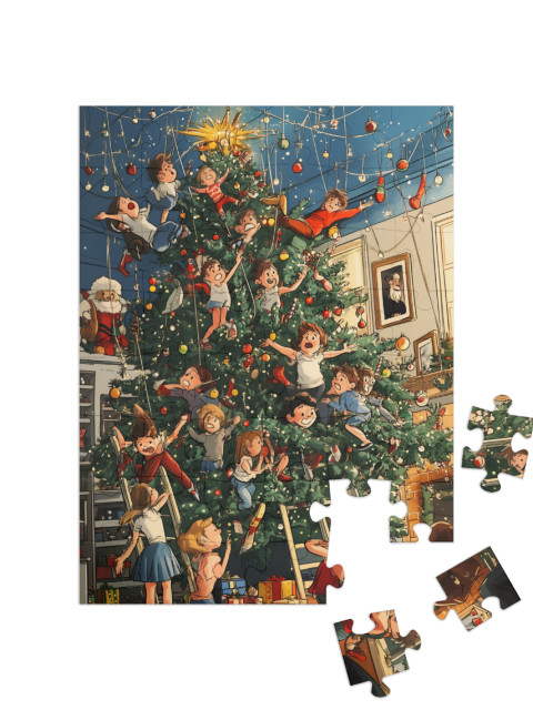 Puzzle 48 Teile „Verrückte Weihnachten: Kinder toben im Christbaum“