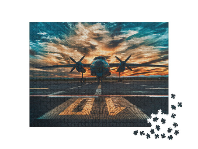 Puzzle 1000 Teile „Propellergetriebenes Flugzeug im Sonnenuntergang“