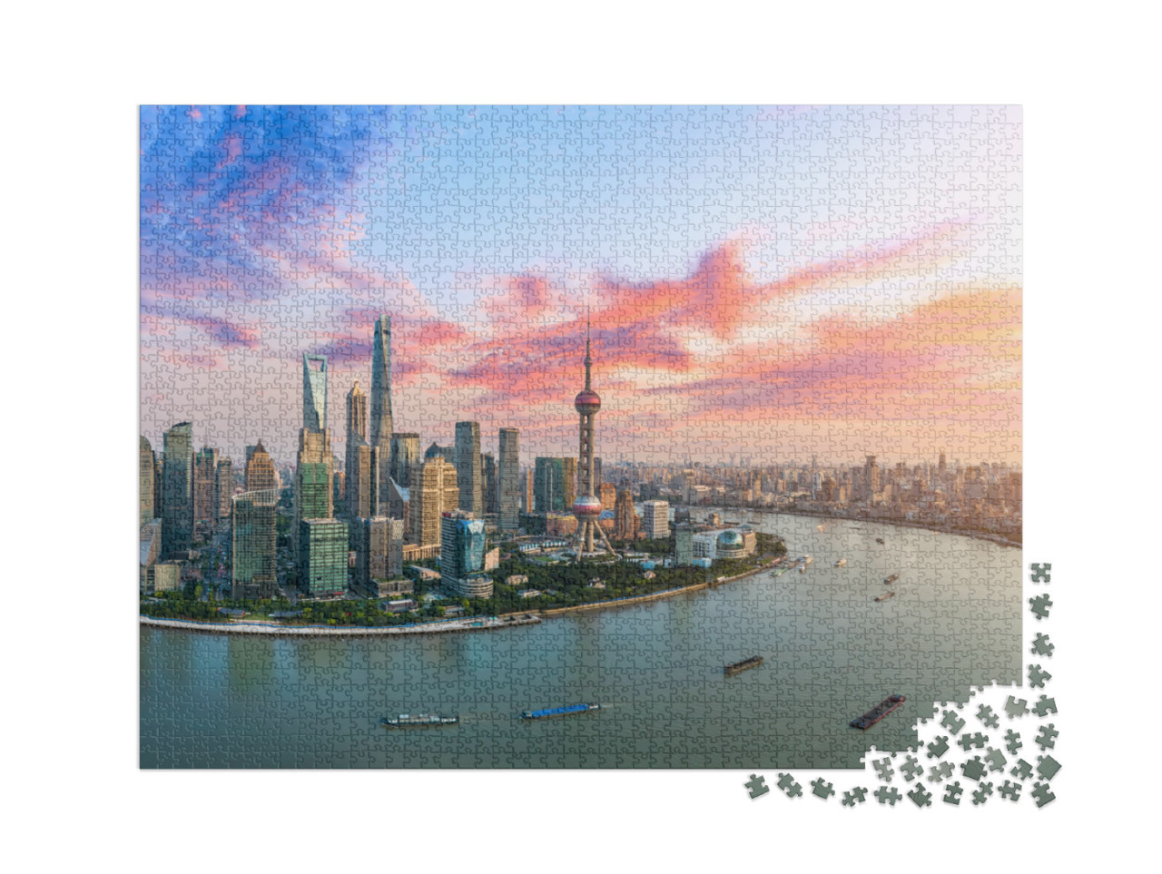 Puzzle 2000 Teile „Luftaufnahme der Skyline von Shanghai im Abendlicht“