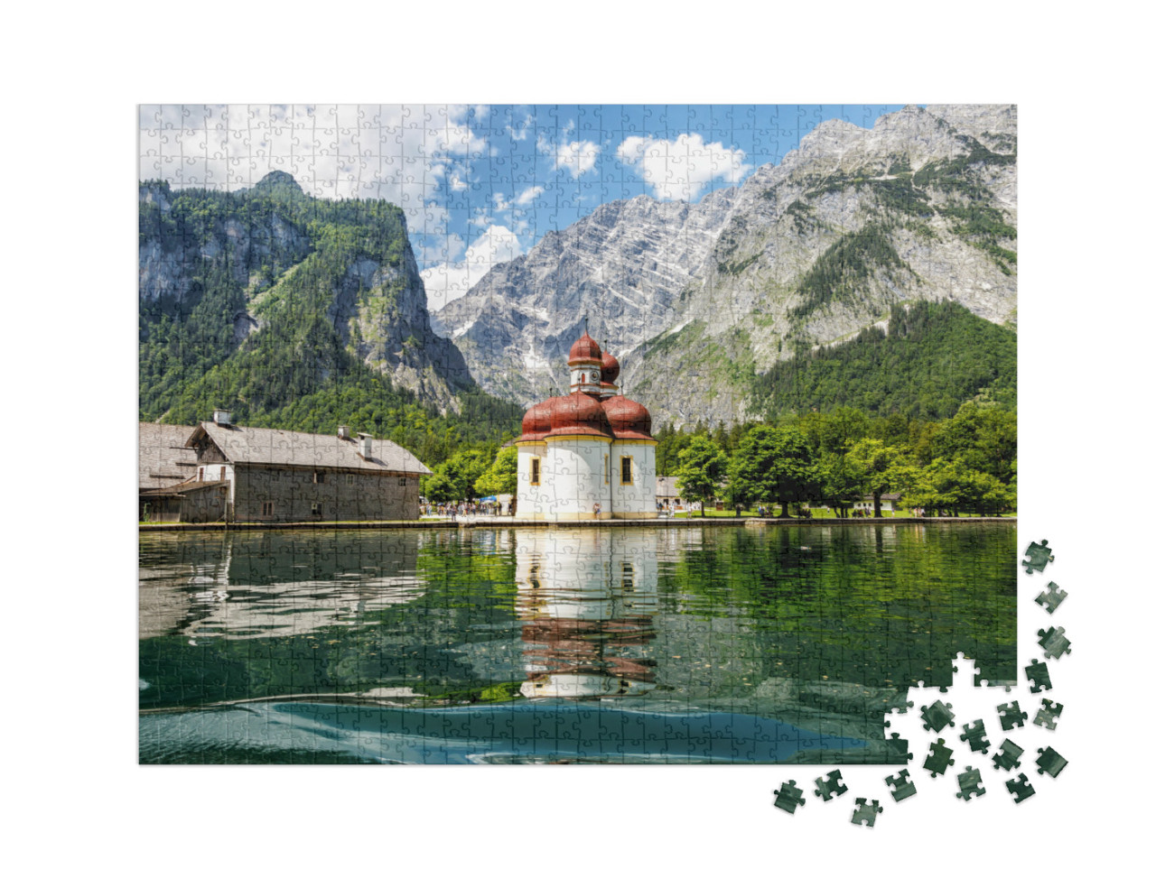 Puzzle 1000 Teile XXL „Blick vom Königssee auf Kirche St. Bartholomäus, Bayern“