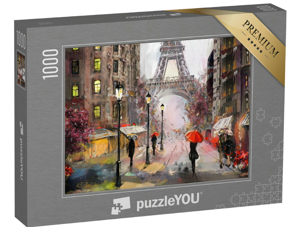 Puzzle 1000 Teile „Ölgemälde mit Straßenansicht von Paris: Eiffelturm und Menschen mit Regenschirm“