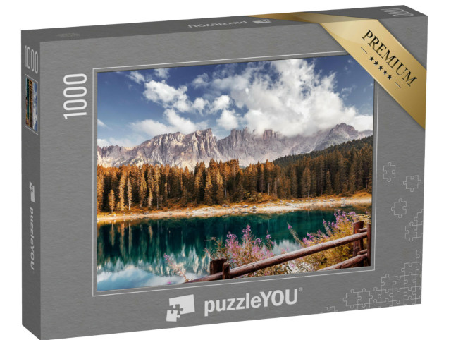 Puzzle 1000 Teile „Alpen im Sonnenuntergang, Lago di Carezza, Dolomiten“