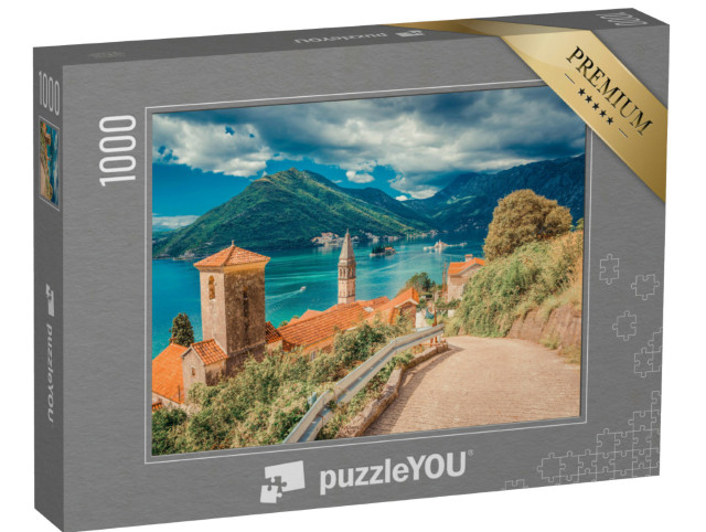 Puzzle 1000 Teile „Hafen und Gebäude der Boka Kotor-Bucht bei Sonnenschein, Montenegro“