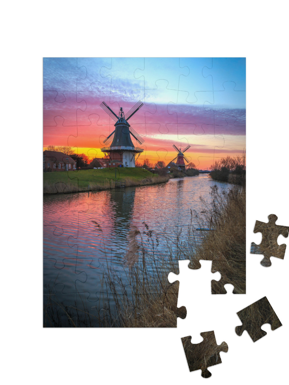 Puzzle 48 Teile „Zwillingsmühlen von Greetsiel, Ostfriesland bei Sonnenaufgang“