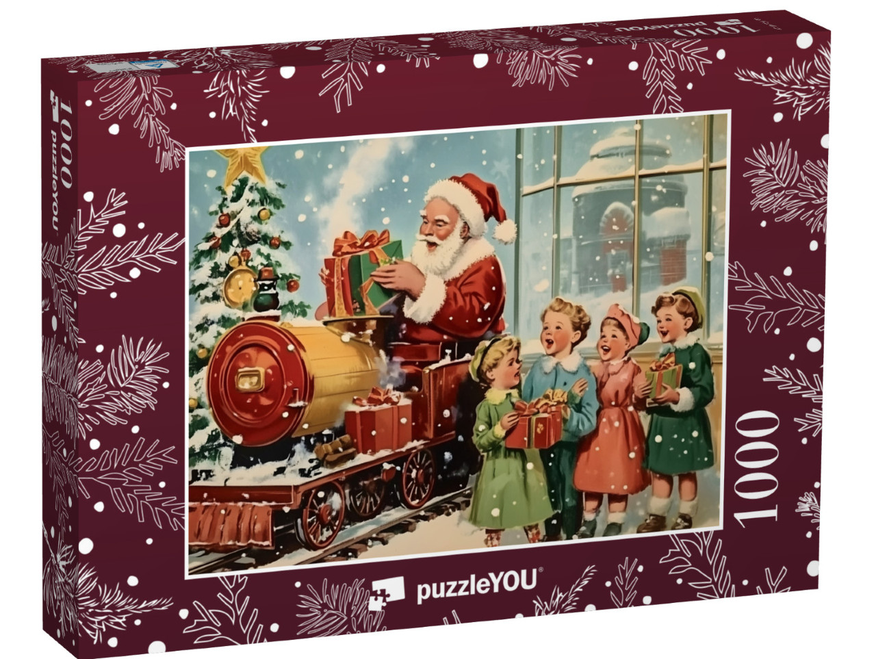 Puzzle 1000 Teile „Vintage Weihnachtsmotiv: Weihnachtsmann mit singenden Kindern“