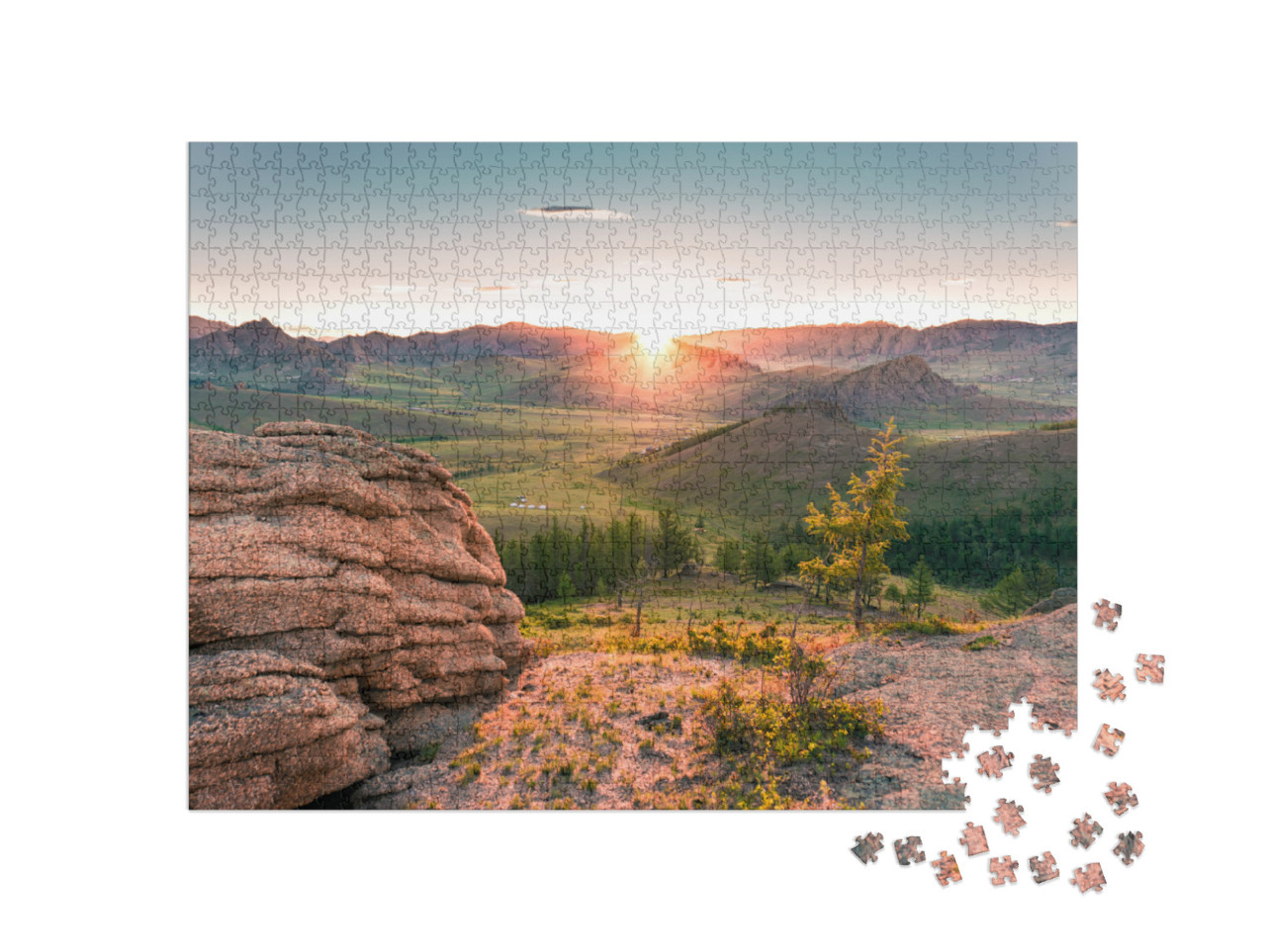 Puzzle 1000 Teile „Sonnenaufgang in der Mongolei im Gorkhi-Terelj Nationalpark“