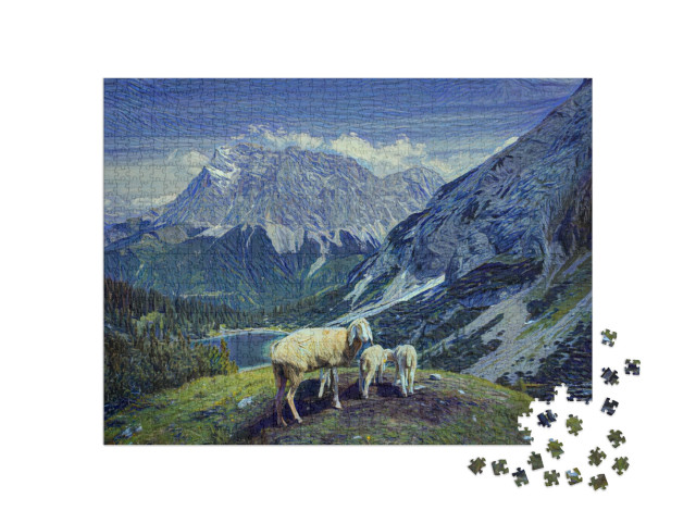 Puzzle 1000 Teile „im Kunst-Stil von van Gogh, Sternennacht - Seebensee und Coburger Hütte“