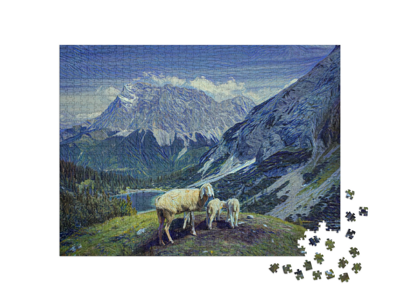 Puzzle 1000 Teile „im Kunst-Stil von van Gogh, Sternennacht - Seebensee und Coburger Hütte“
