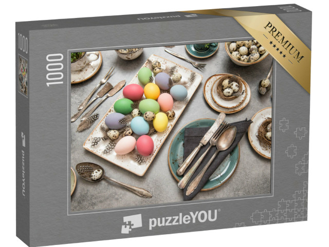 Puzzle 1000 Teile „Festlicher Ostertisch mit bunt gefärbten Ostereiern“