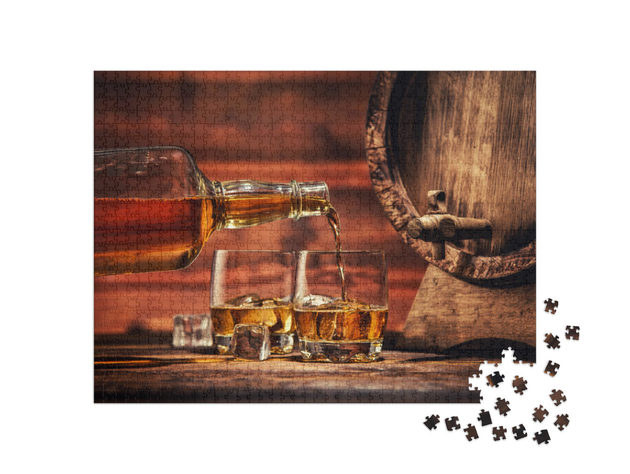 Puzzle 1000 Teile „Einschenken von Whiskey aus der Flasche in zwei Gläser mit Eiswürfeln“