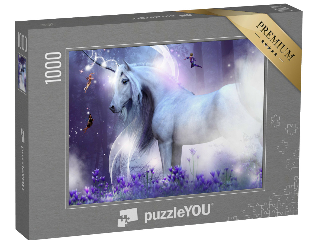 Puzzle 1000 Teile „Majestätisches Einhorn mit drei zauberhaften Feen“