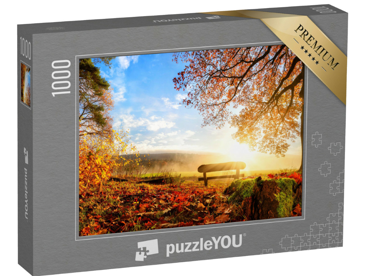 Puzzle 1000 Teile „Eine Holzbank zum Ausruhen in herbstlicher Landschaft“