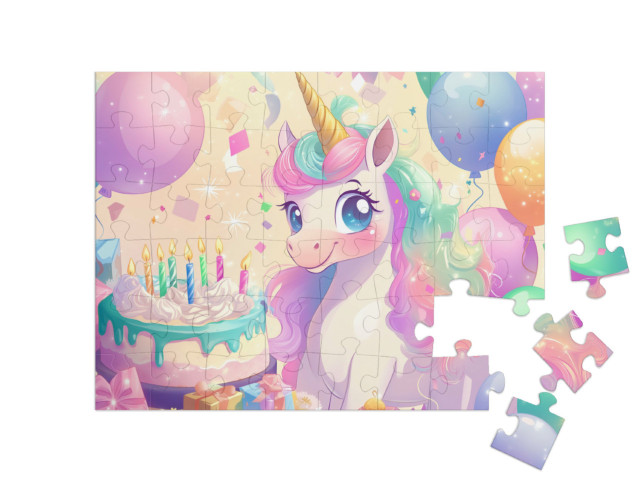 Puzzle 48 Teile „Einhorn Bella feiert Geburtstag mit Torte und Ballons“
