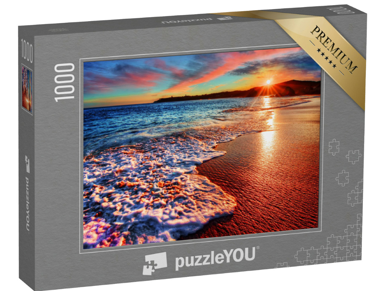 Puzzle 1000 Teile „Sonnenaufgang am bunten Strand mit hellem Meer und rosa Wolken“
