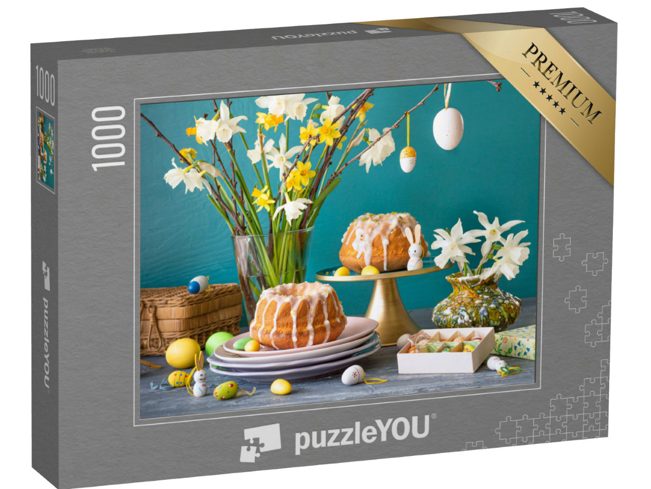 Puzzle 1000 Teile „Osterkuchen mit Narzissen und Ostereiern“