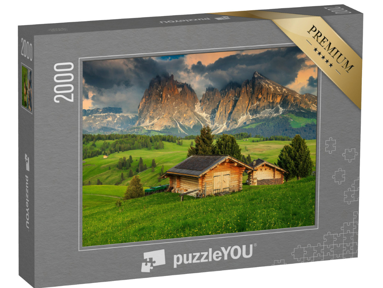 Puzzle 2000 Teile „Frühling auf der Seiser Alm mit Langkofelgruppe, Dolomiten, Italien“