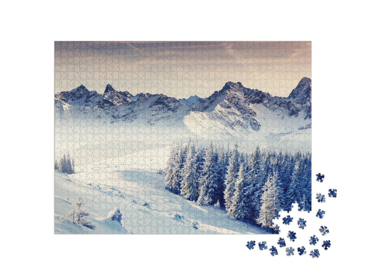 Puzzle 1000 Teile „Fantastische Winterlandschaft. Dramatisch bedeckter Himmel. Kreative Collage. Welt der Schönheit“