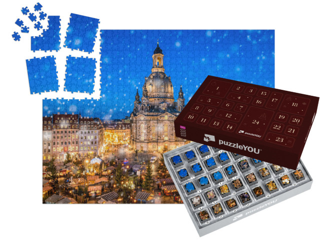 Puzzle-Adventskalender „Weihnachtsmarkt vor der Dresdner Frauenkirche auf dem Neumarkt, Sachsen“