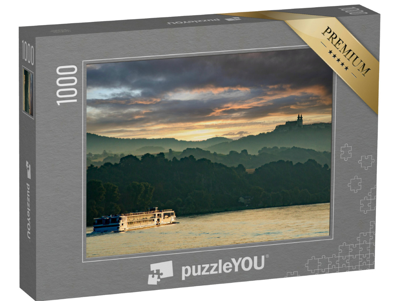 Puzzle 1000 Teile „Flusskreuzfahrtschiff auf der Donau bei Sonnenuntergang, Melk, Niederösterreich“