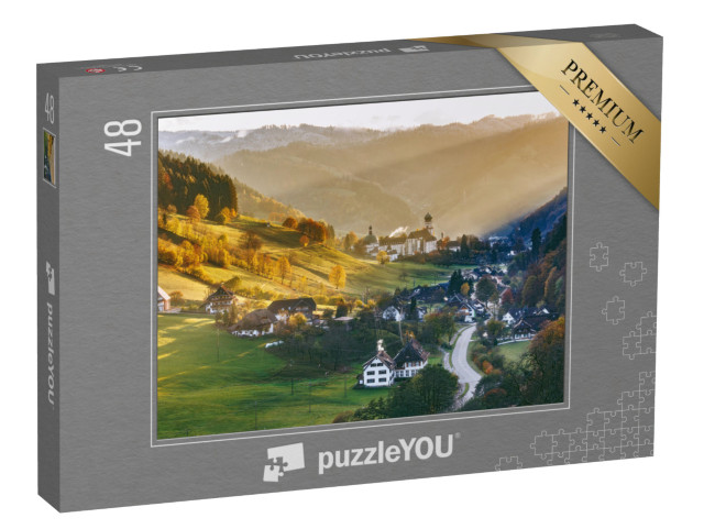 Puzzle 48 Teile „Traditionelle Häuser: Panorma vom Münstertal im Schwarzwald, Deutschland“