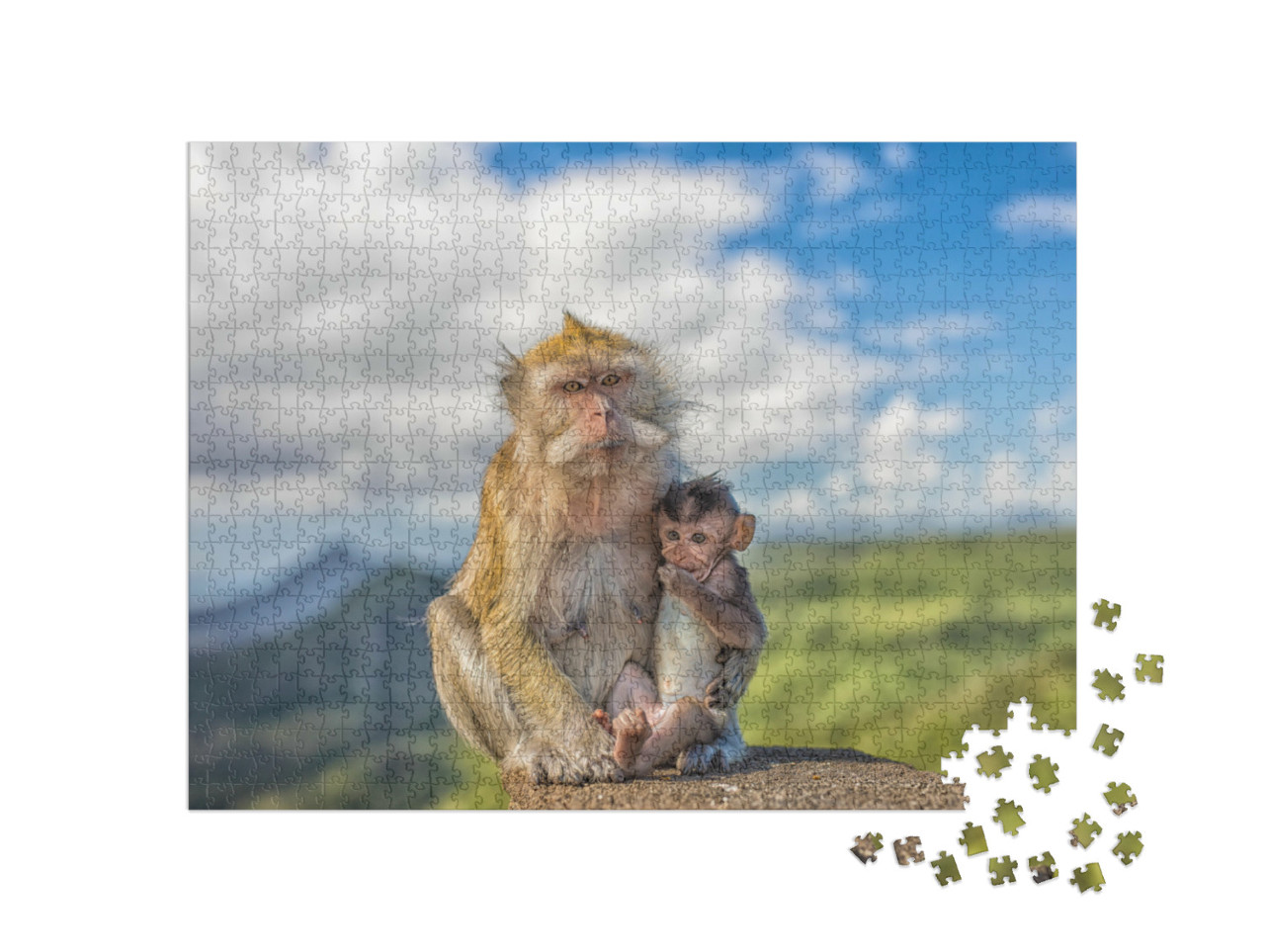 Puzzle 1000 Teile „Ein Makakenäffchen mit Affenmutter, Mauritius“