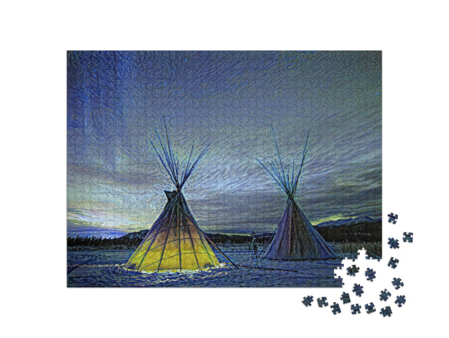 Puzzle 1000 Teile „im Kunst-Stil von van Gogh, Sternennacht - Tipies unter dem Nordlicht in Yukon, Kanada“