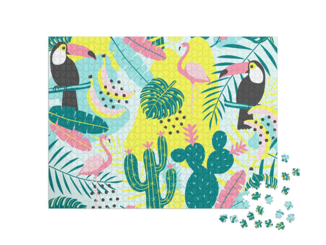 Puzzle 1000 Teile „Illustration: Tropisches Muster mit Tukan, Flamingo und Kaktus“