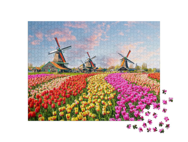 Puzzle 1000 Teile „Idyllische Windmühlen und Tulpen, Niederlande“
