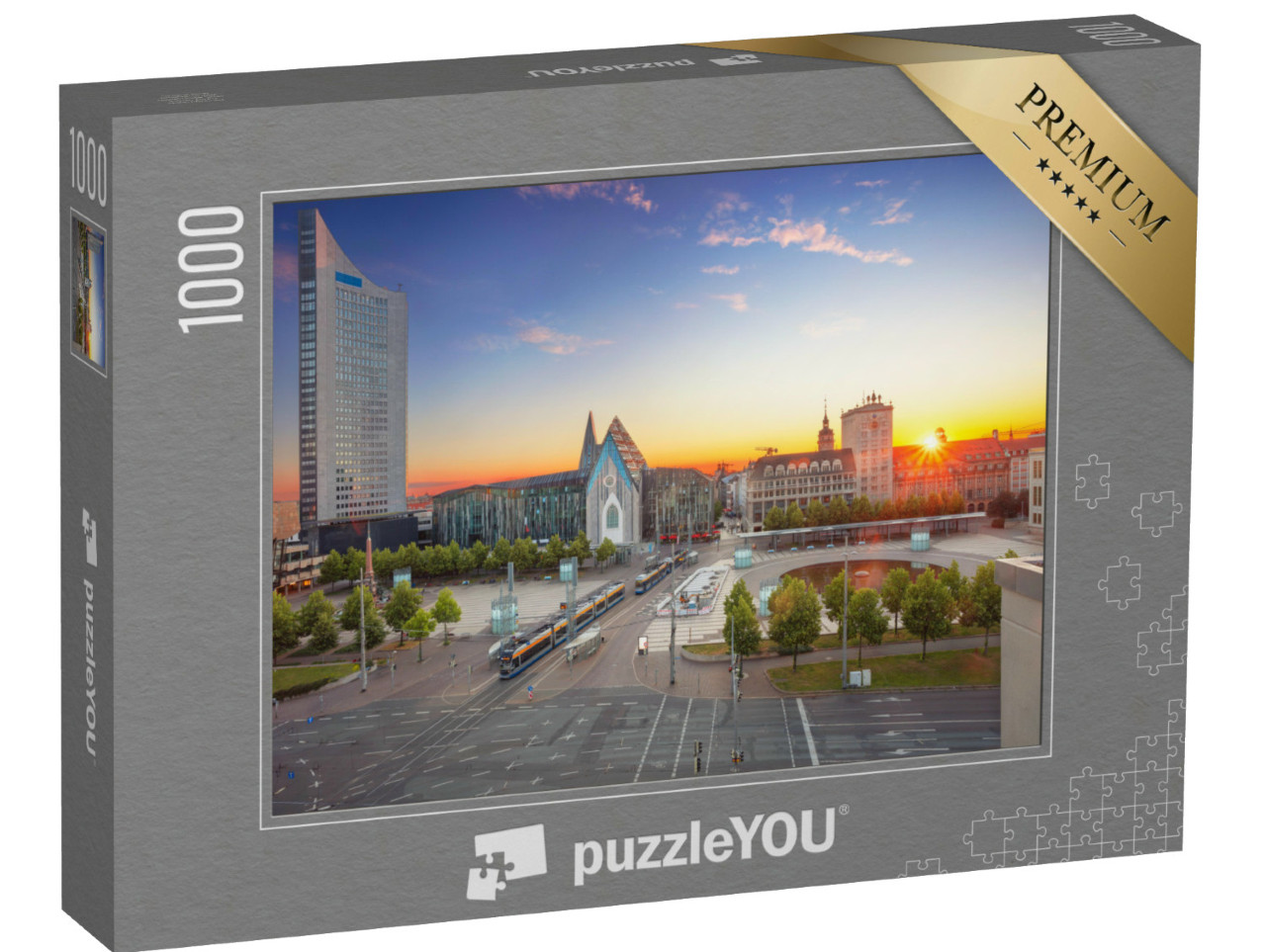 Puzzle 1000 Teile „Stadtbild von Leipzig: Innenstadt bei Sonnenuntergang“