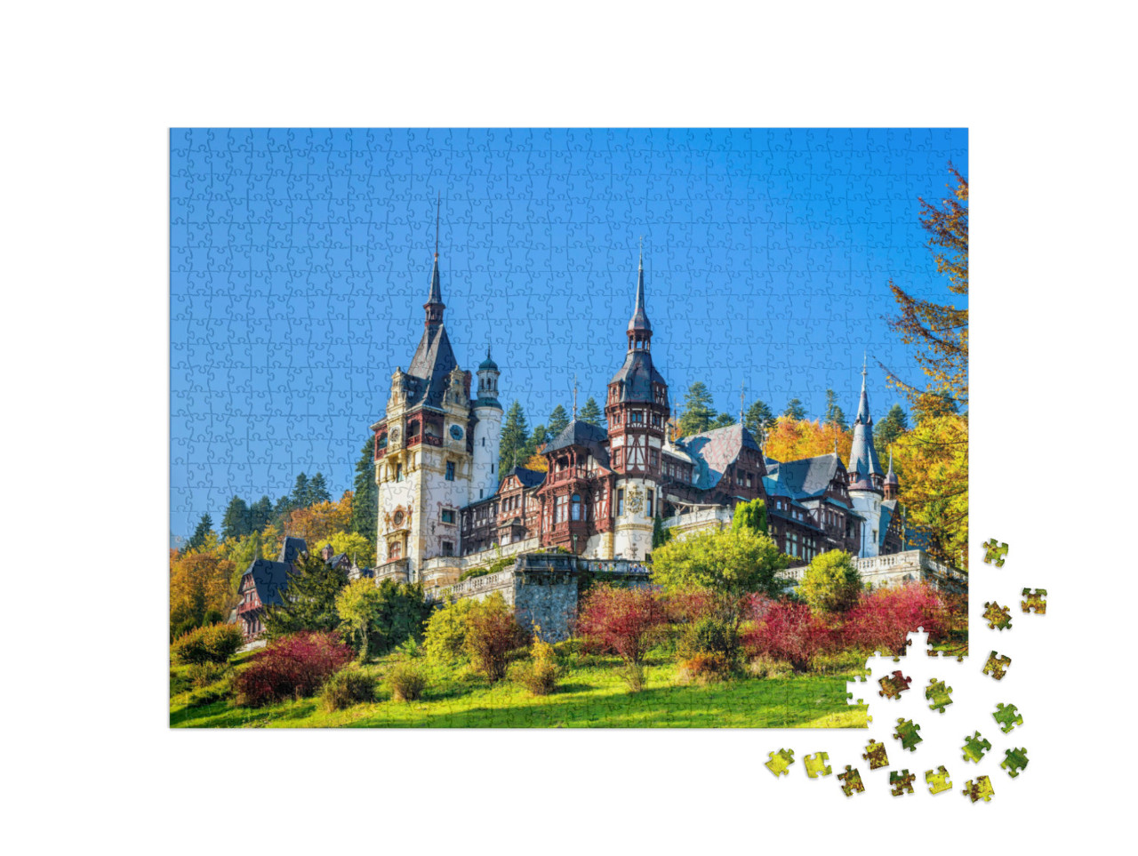 Puzzle 1000 Teile „Das königliche Schloss Peles mit Ziergarten, Karpaten, Rumänien“