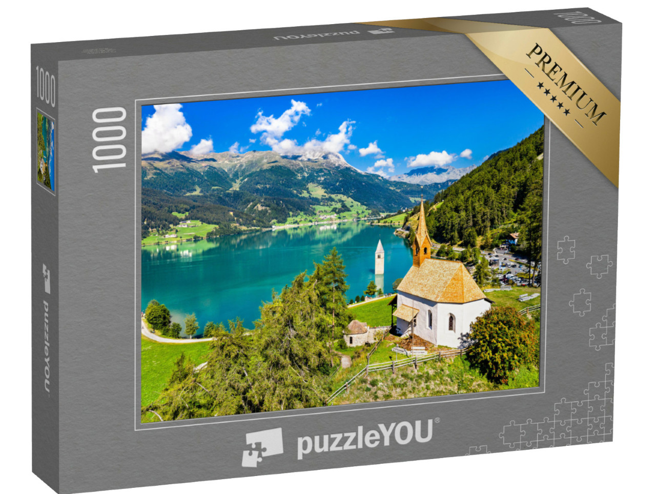 Puzzle 1000 Teile „St. Anna-Kapelle und versunkener Glockenturm von Curon, Vinschgau “