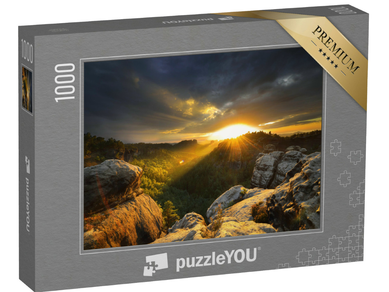 Puzzle 1000 Teile „Sonnenuntergang: Nationalpark Sächsische Schweiz mit Felsen und Bäumen“
