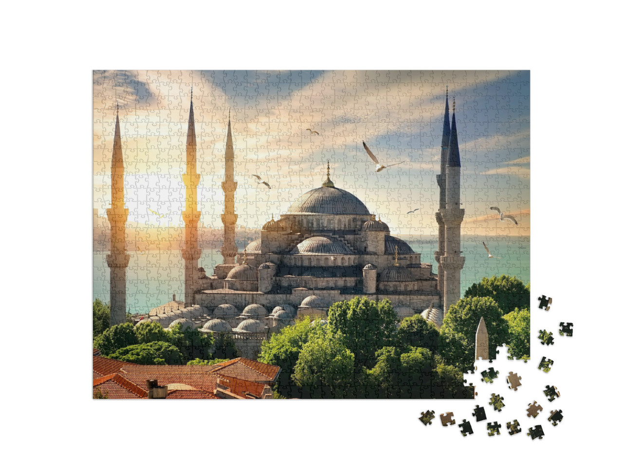 Puzzle 1000 Teile „Möwen über der Blauen Moschee und dem Bosporus in Istanbul“