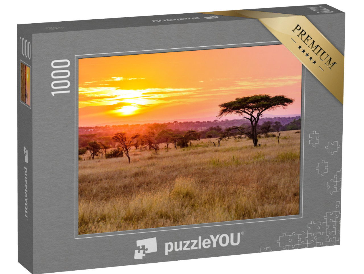 Puzzle 1000 Teile „Sonnenuntergang in der Savanne Afrikas mit Akazienbäumen, Tansania“