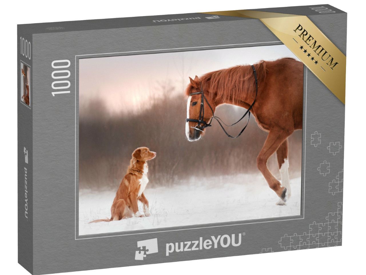 Puzzle 1000 Teile „Freundschaft: Pferd und Hund beim Spaziergang durch den Schnee“