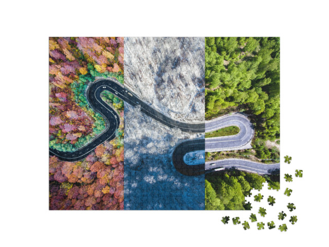 Puzzle 1000 Teile „Kurvenreiche Straße im Wald durch die Jahreszeiten“