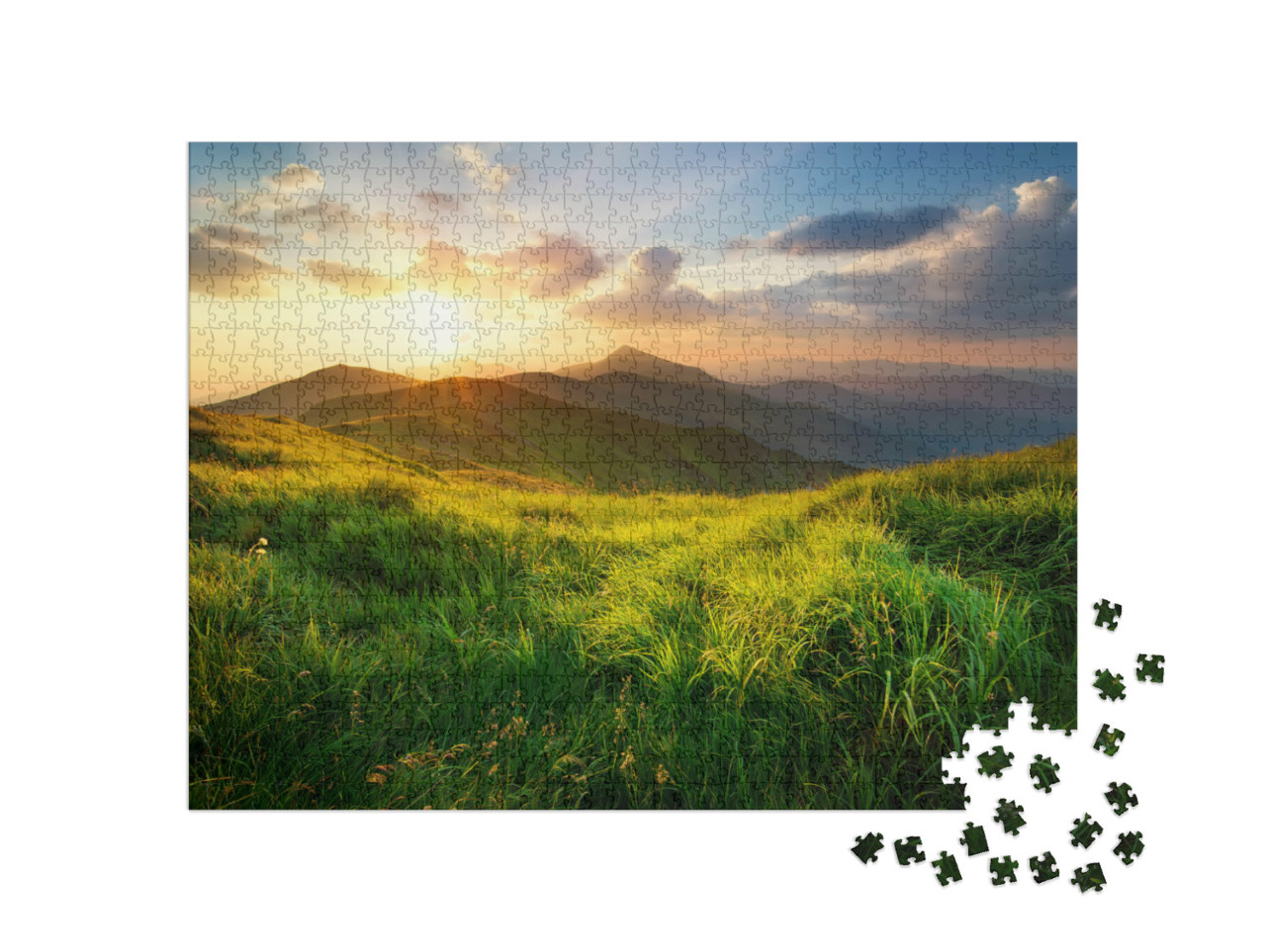 Puzzle 1000 Teile „Bergtal im Sonnenaufgang“
