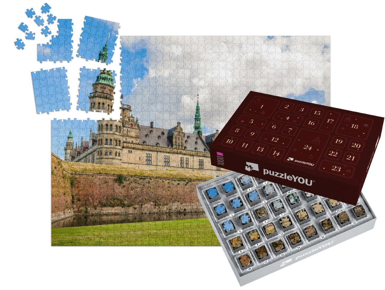 Puzzle-Adventskalender „Panoramablick auf die Ziegelmauer um Schloss Kronborg in Helsingor “