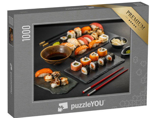 Puzzle 1000 Teile „Frisches Sushi auf schwarzem Schiefer“