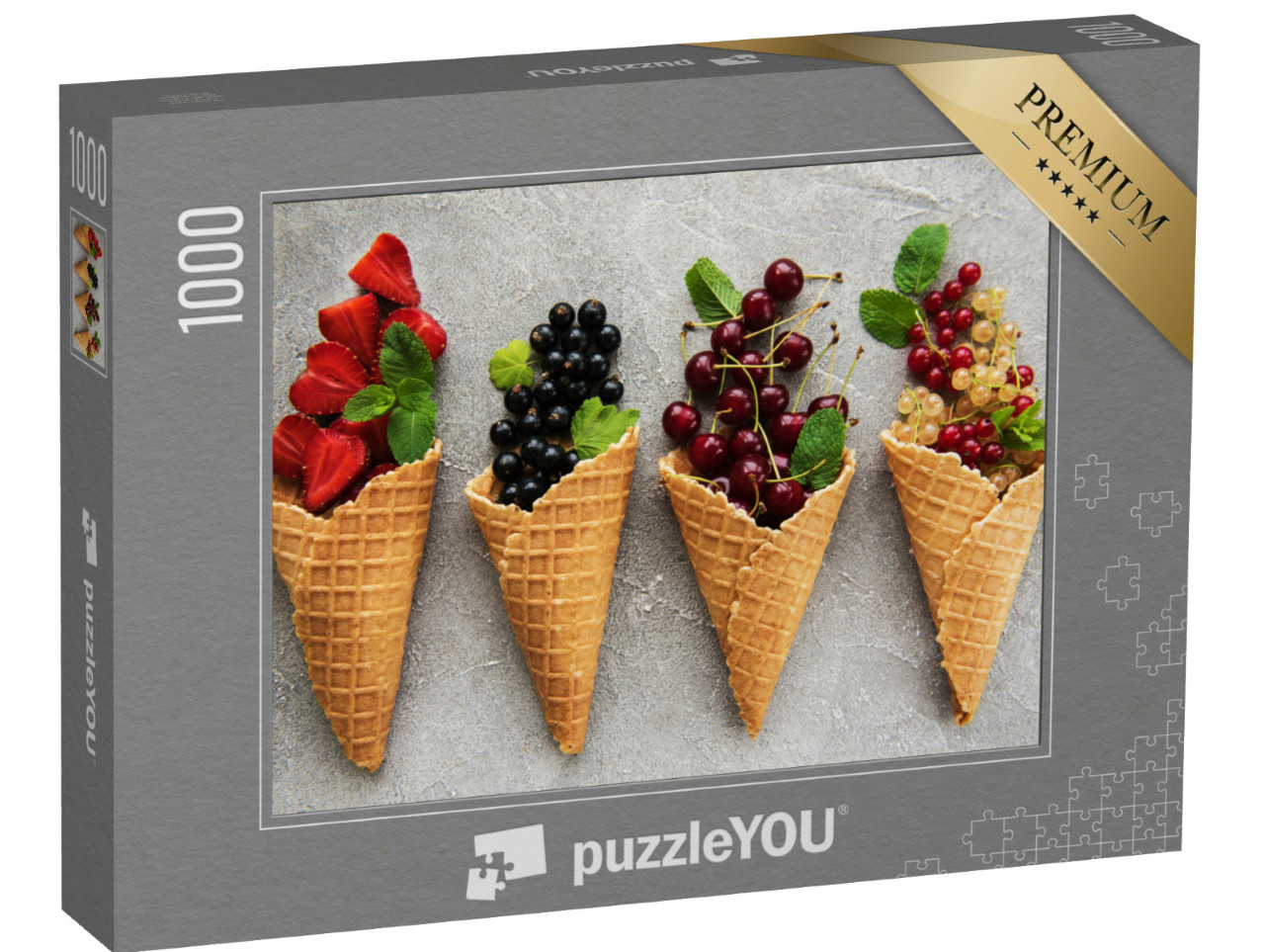 Puzzle 1000 Teile „Eistüten mit Beeren auf einem steinernen Hintergrund“