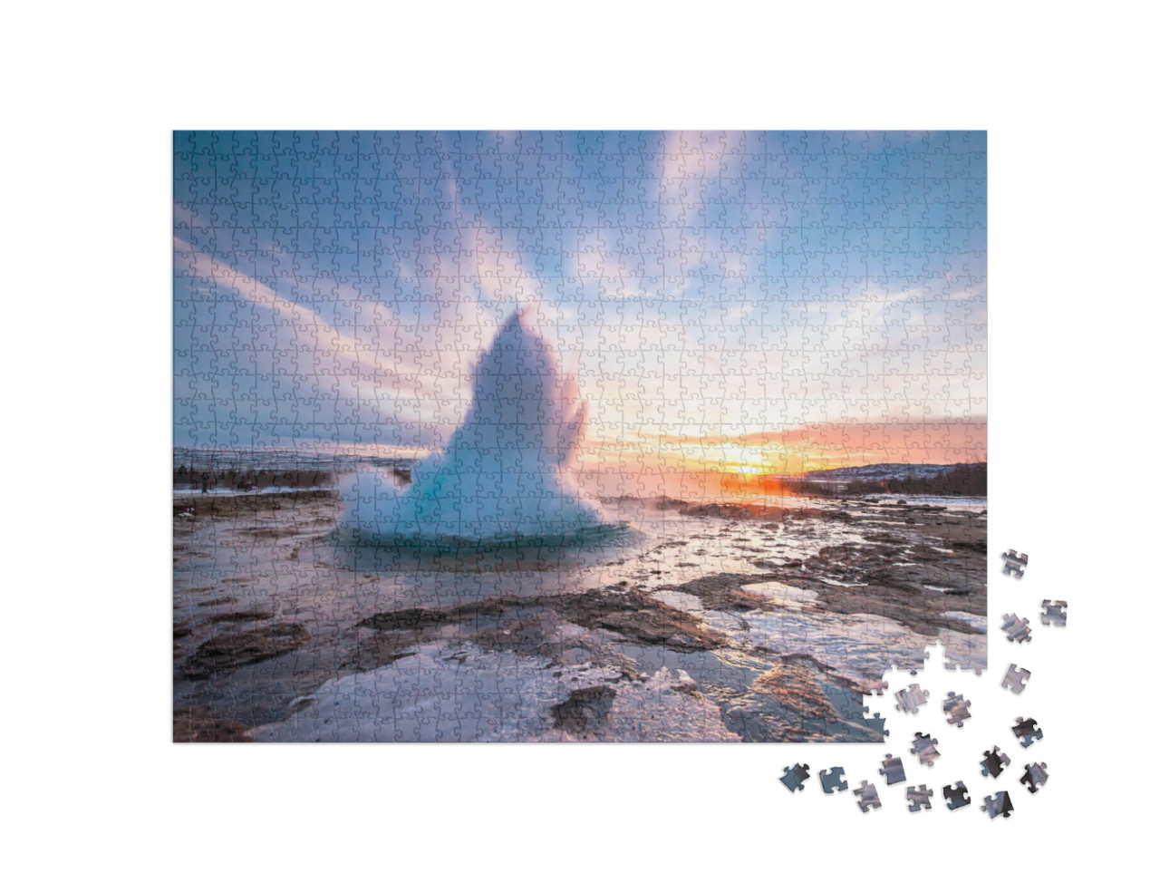 Puzzle 1000 Teile „Kalter Winter: Strokkur Geysir mit Sonnenlicht im Dampf, Island“