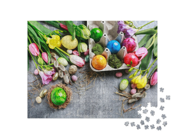 Puzzle 1000 Teile „Bunte Ostereier in einer Eierschachtel und bunten Blumen“