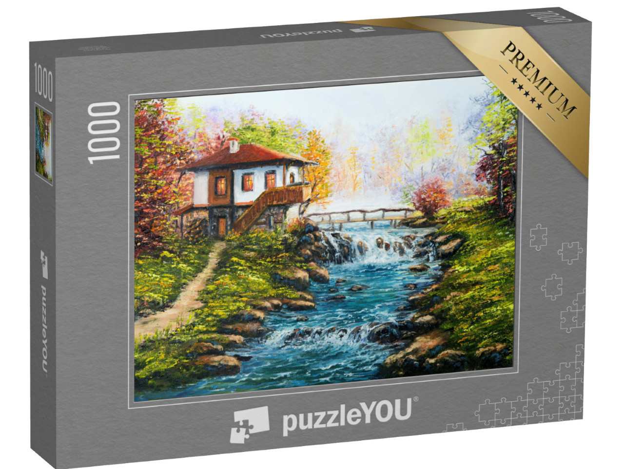 Puzzle 1000 Teile „Ölgemälde: Traditionelles bulgarisches Haus am Fluss in den Bergen“