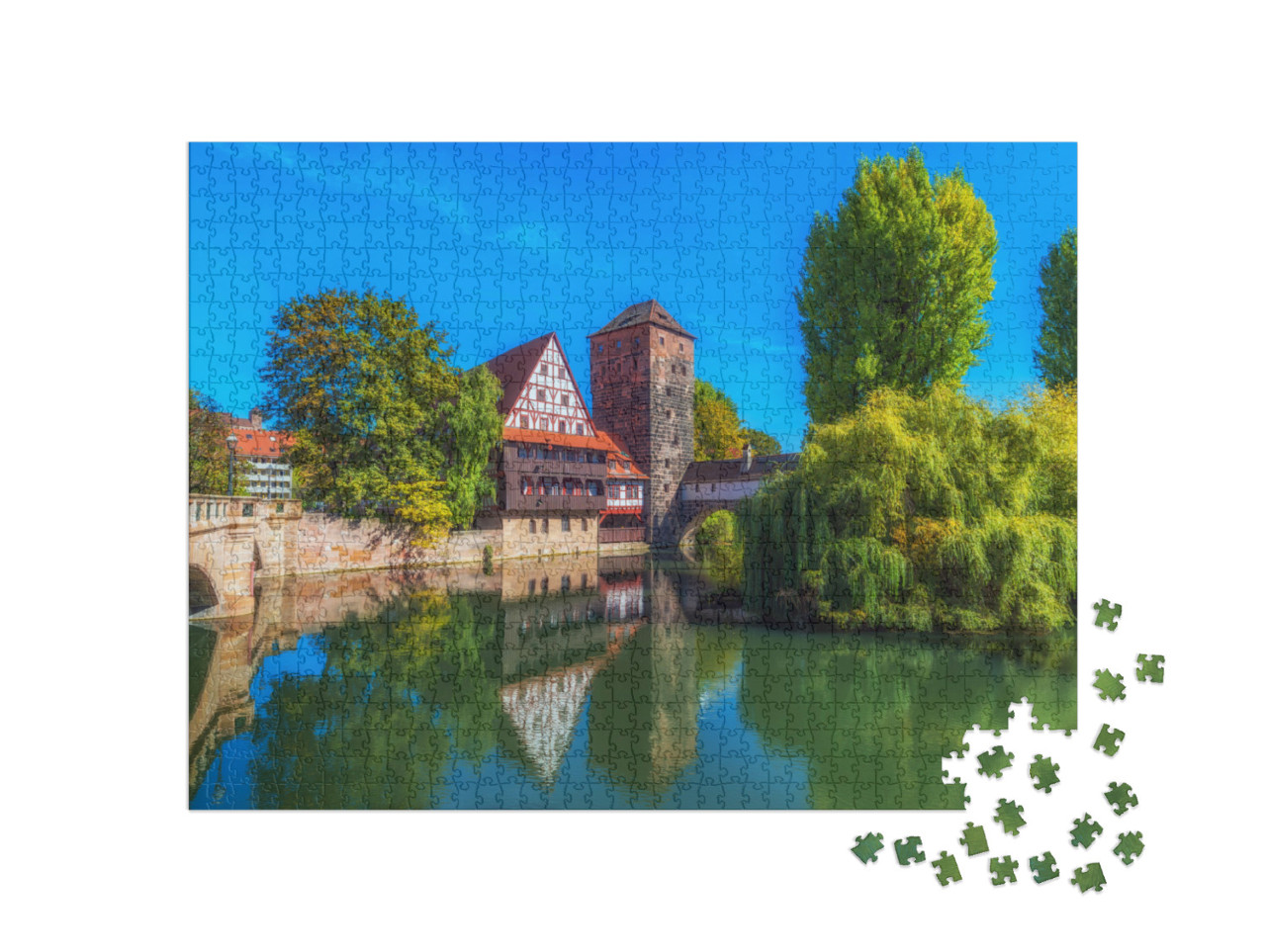 Puzzle 1000 Teile „Das Flussufer der Pegnitz in Nürnberg, Deutschland“