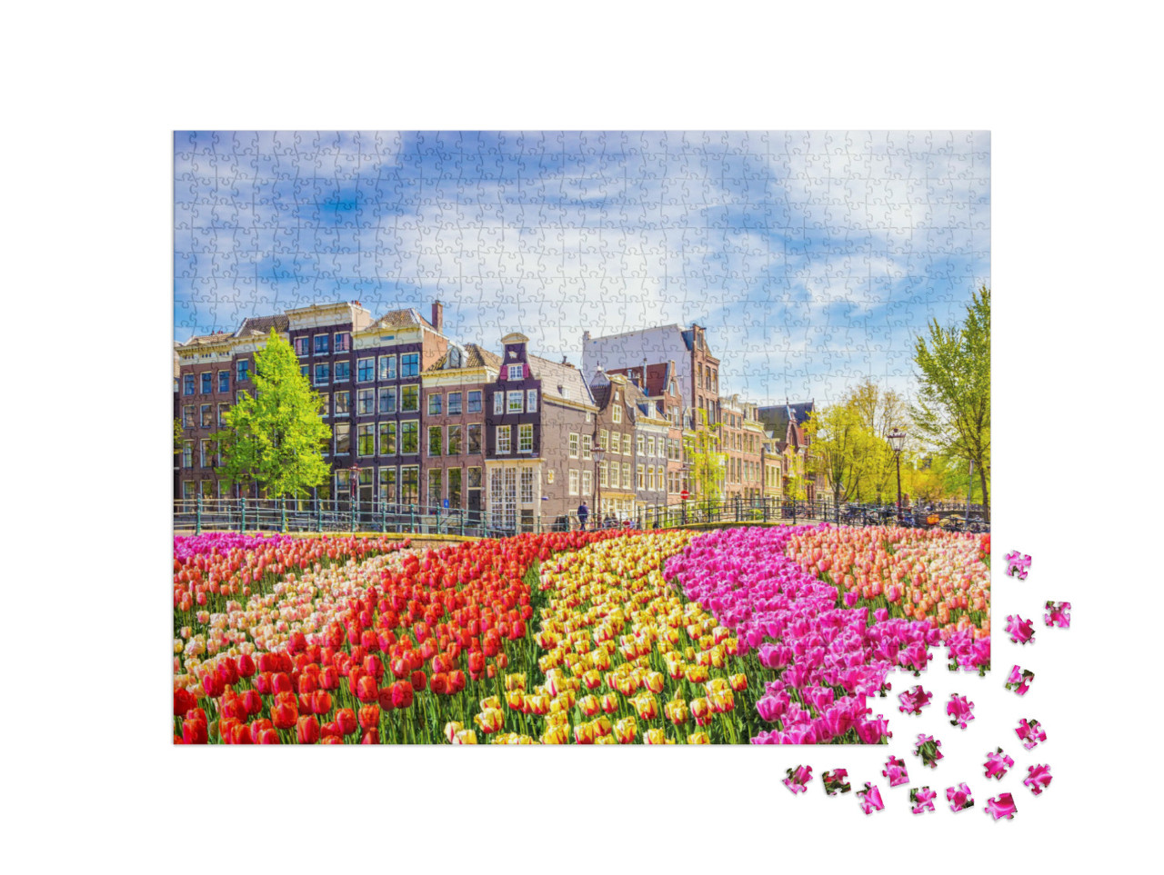 Puzzle 1000 Teile „Wunderschöne alte Gebäude und Tulpen in Amsterdam, Niederlande“