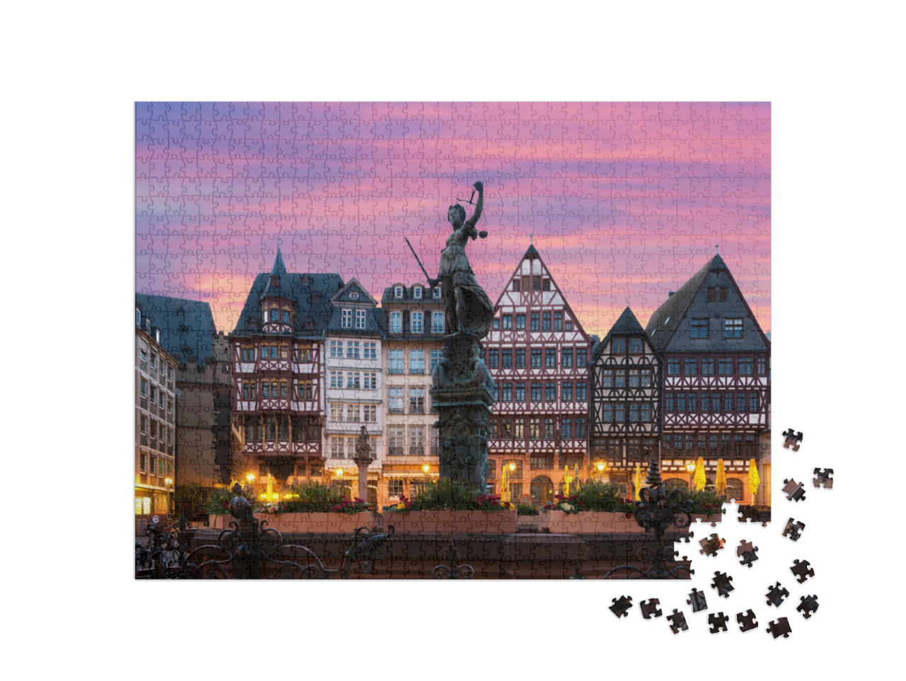 Puzzle 1000 Teile „Altstadtplatz Römerberg mit Justitia-Statue in Frankfurt, Deutschland“