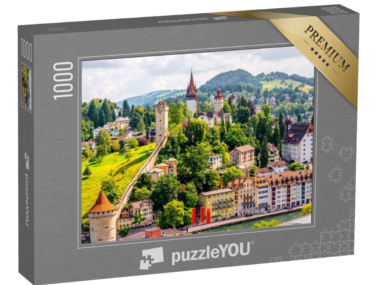 Puzzle 1000 Teile „Luftbild: Luzerner Altstadt mit Festungsmauer und Türmen, Schweiz“