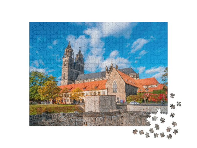 Puzzle 1000 Teile „Der prächtige Magdeburger Dom bei Sonnenuntergang im Herbst, Sachsen-Anhalt“